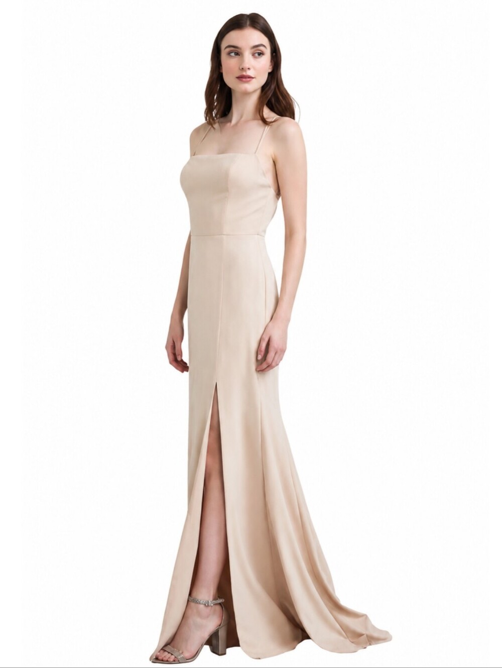 Amsale Nude Beige Spaghetti Strap Maxi Evening Gown